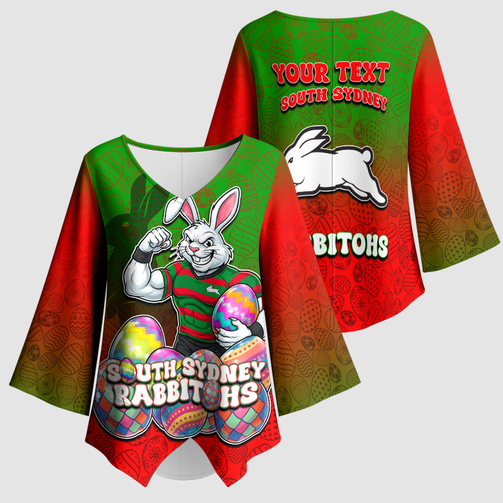 Personalized South Sydney Rabbitohs Kimono Sleeve Blouse Easter Mascot - Colorful Eggs Cartoon Style