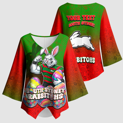 Personalized South Sydney Rabbitohs Kimono Sleeve Blouse Easter Mascot - Colorful Eggs Cartoon Style