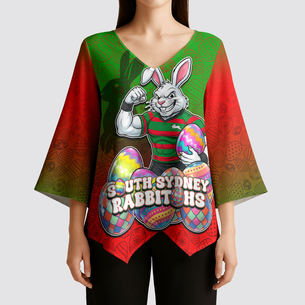 Personalized South Sydney Rabbitohs Kimono Sleeve Blouse Easter Mascot - Colorful Eggs Cartoon Style