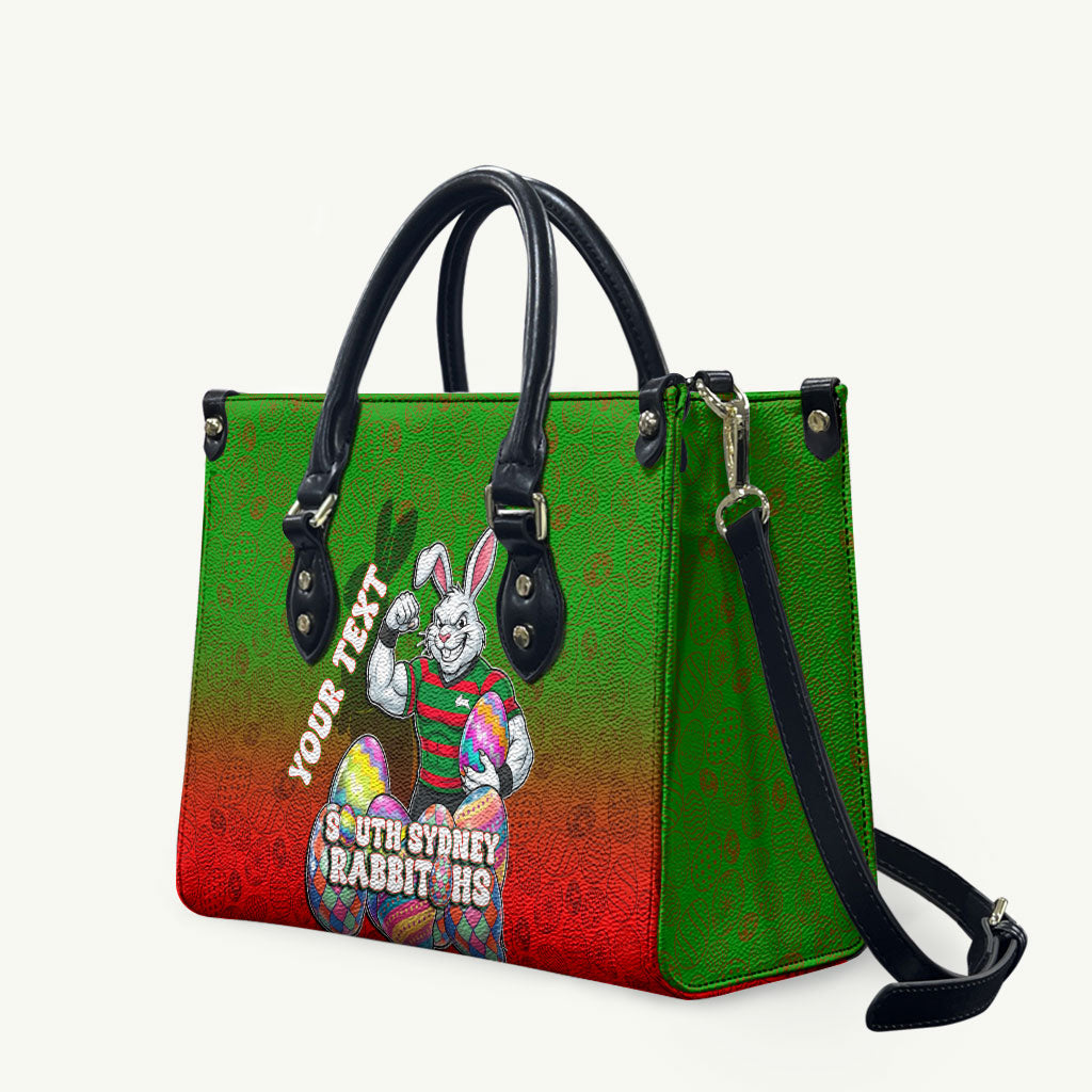 Personalized South Sydney Rabbitohs Leather Bag Easter Mascot - Colorful Eggs Cartoon Style
