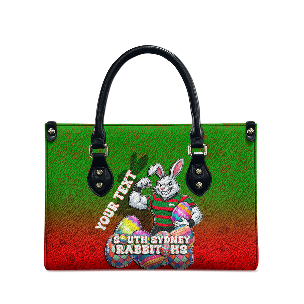Personalized South Sydney Rabbitohs Leather Bag Easter Mascot - Colorful Eggs Cartoon Style