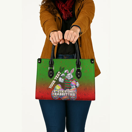 Personalized South Sydney Rabbitohs Leather Bag Easter Mascot - Colorful Eggs Cartoon Style