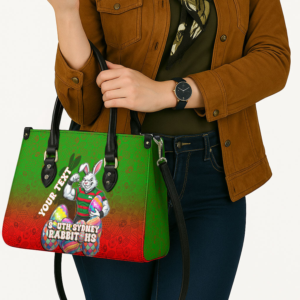 Personalized South Sydney Rabbitohs Leather Bag Easter Mascot - Colorful Eggs Cartoon Style