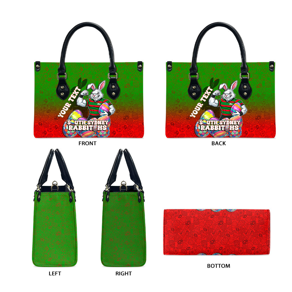 Personalized South Sydney Rabbitohs Leather Bag Easter Mascot - Colorful Eggs Cartoon Style