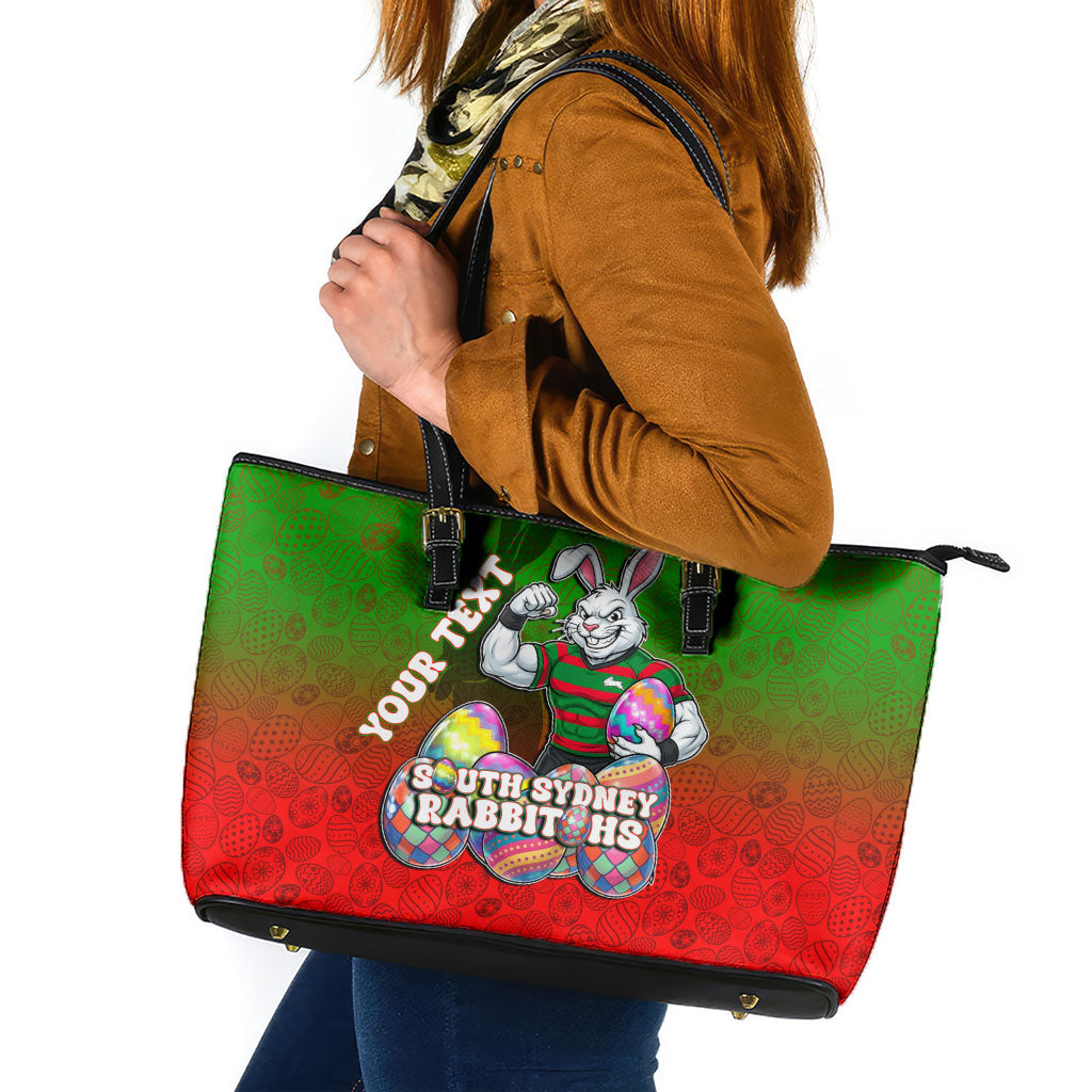 Personalized South Sydney Rabbitohs Leather Tote Bag Easter Mascot - Colorful Eggs Cartoon Style
