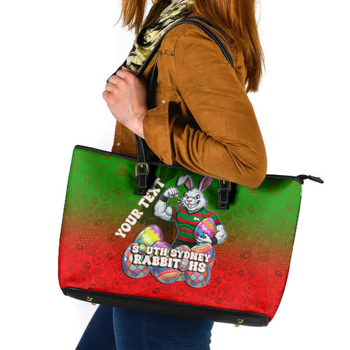 Personalized South Sydney Rabbitohs Leather Tote Bag Easter Mascot - Colorful Eggs Cartoon Style