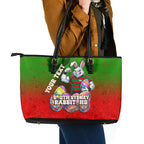 Personalized South Sydney Rabbitohs Leather Tote Bag Easter Mascot - Colorful Eggs Cartoon Style