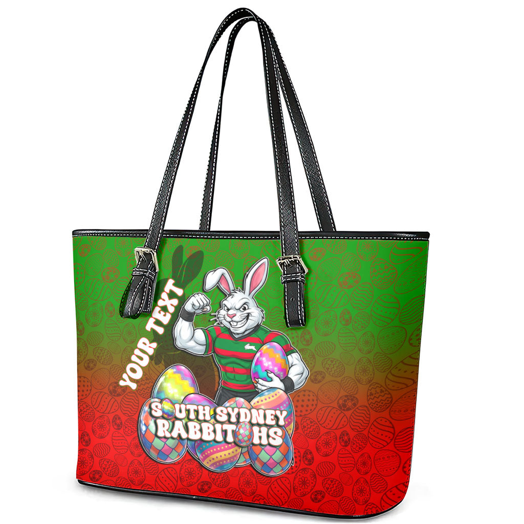 Personalized South Sydney Rabbitohs Leather Tote Bag Easter Mascot - Colorful Eggs Cartoon Style