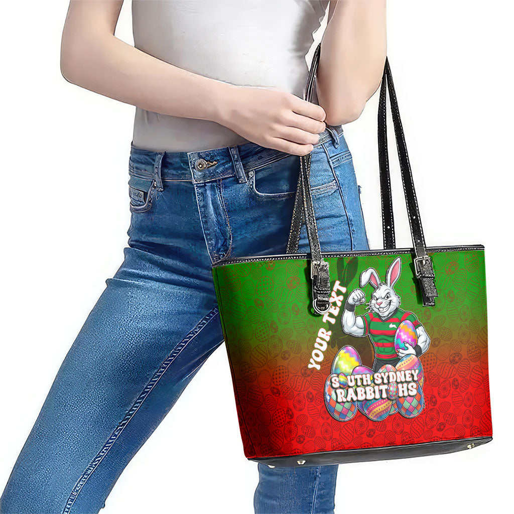 Personalized South Sydney Rabbitohs Leather Tote Bag Easter Mascot - Colorful Eggs Cartoon Style