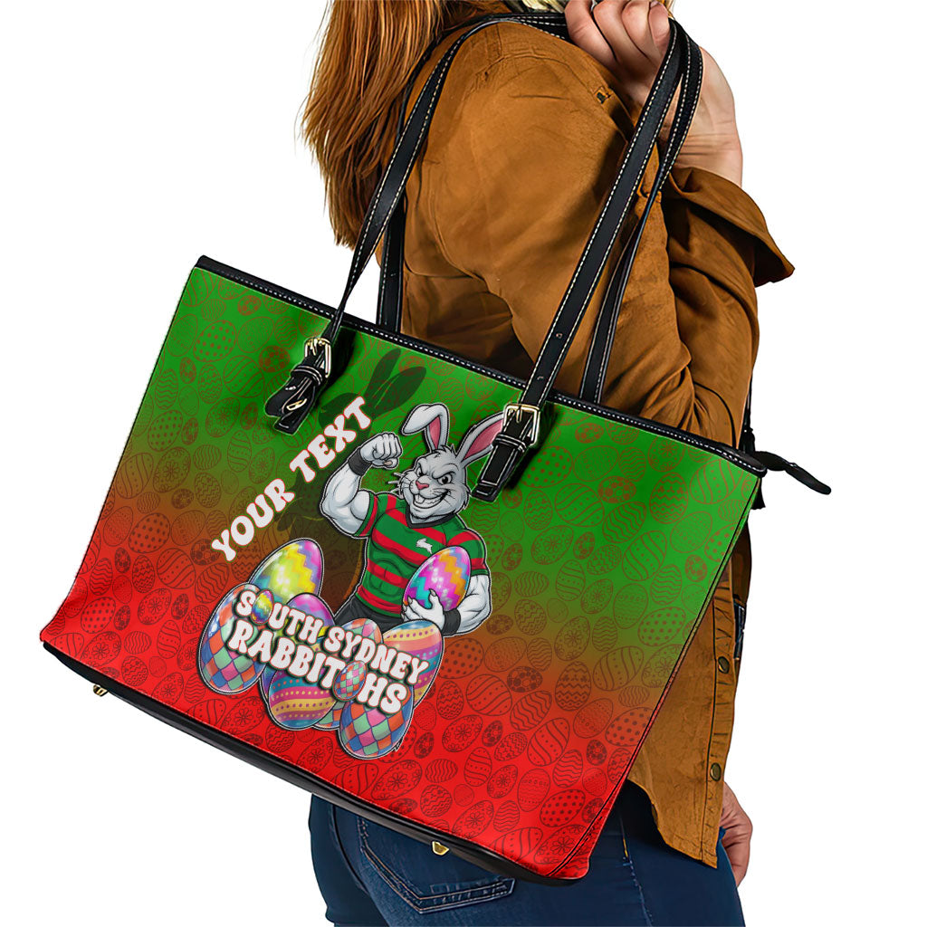 Personalized South Sydney Rabbitohs Leather Tote Bag Easter Mascot - Colorful Eggs Cartoon Style
