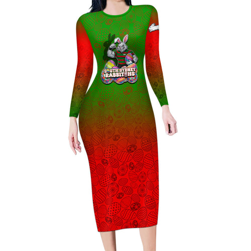 Personalized South Sydney Rabbitohs Long Sleeve Bodycon Dress Easter Mascot - Colorful Eggs Cartoon Style