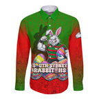 Personalized South Sydney Rabbitohs Long Sleeve Button Shirt Easter Mascot - Colorful Eggs Cartoon Style