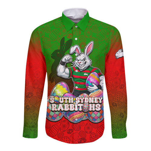 Personalized South Sydney Rabbitohs Long Sleeve Button Shirt Easter Mascot - Colorful Eggs Cartoon Style