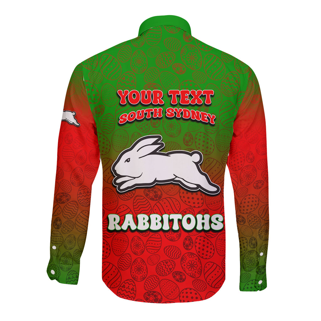 Personalized South Sydney Rabbitohs Long Sleeve Button Shirt Easter Mascot - Colorful Eggs Cartoon Style