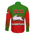 Personalized South Sydney Rabbitohs Long Sleeve Button Shirt Easter Mascot - Colorful Eggs Cartoon Style