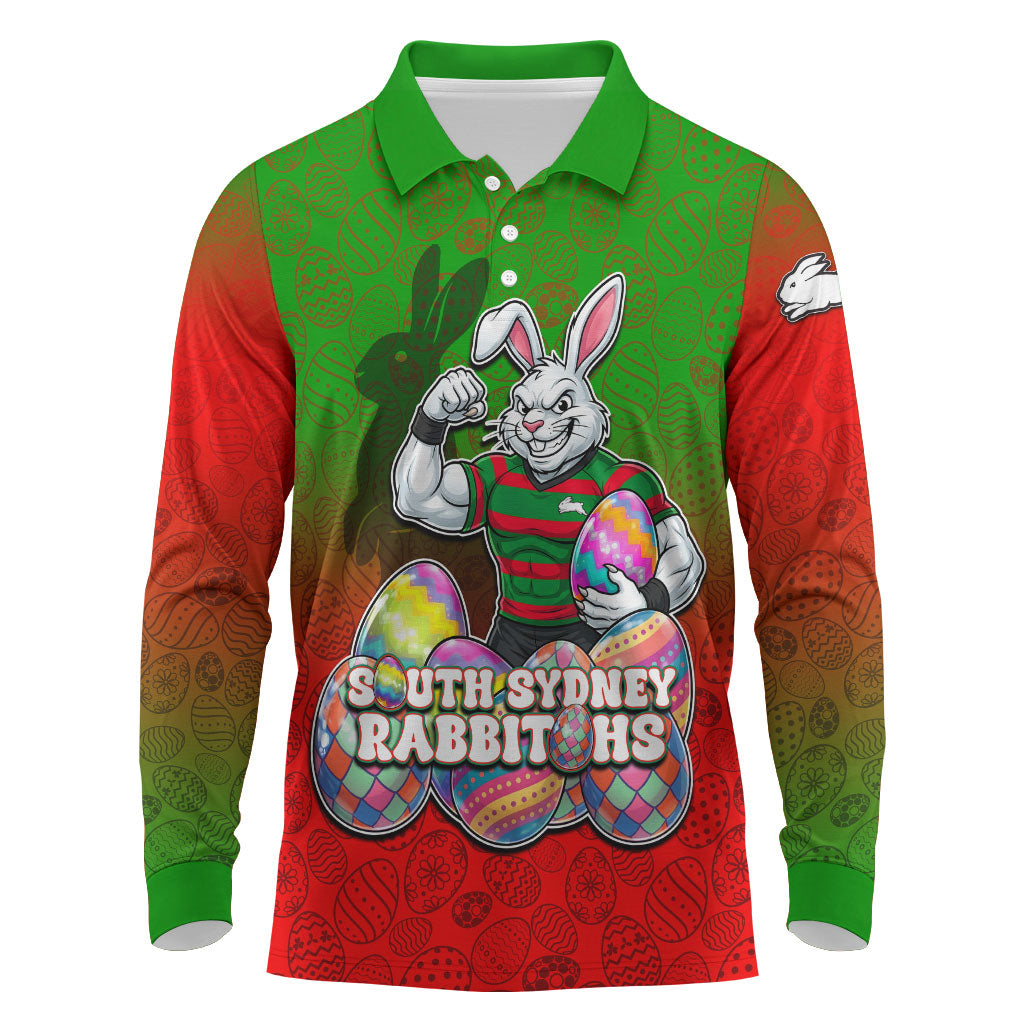 Personalized South Sydney Rabbitohs Long Sleeve Polo Shirt Easter Mascot - Colorful Eggs Cartoon Style