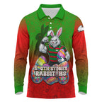 Personalized South Sydney Rabbitohs Long Sleeve Polo Shirt Easter Mascot - Colorful Eggs Cartoon Style