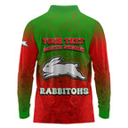 Personalized South Sydney Rabbitohs Long Sleeve Polo Shirt Easter Mascot - Colorful Eggs Cartoon Style