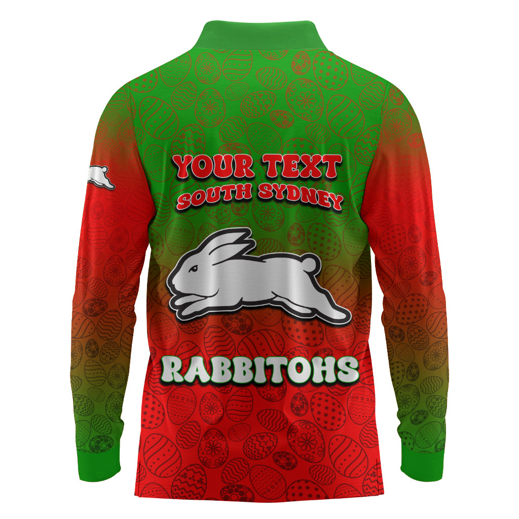 Personalized South Sydney Rabbitohs Long Sleeve Polo Shirt Easter Mascot - Colorful Eggs Cartoon Style