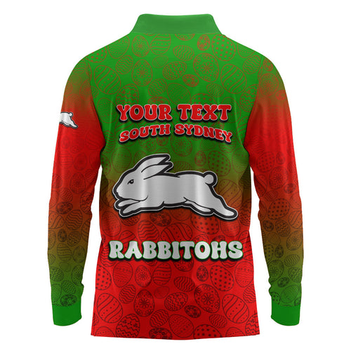 Personalized South Sydney Rabbitohs Long Sleeve Polo Shirt Easter Mascot - Colorful Eggs Cartoon Style