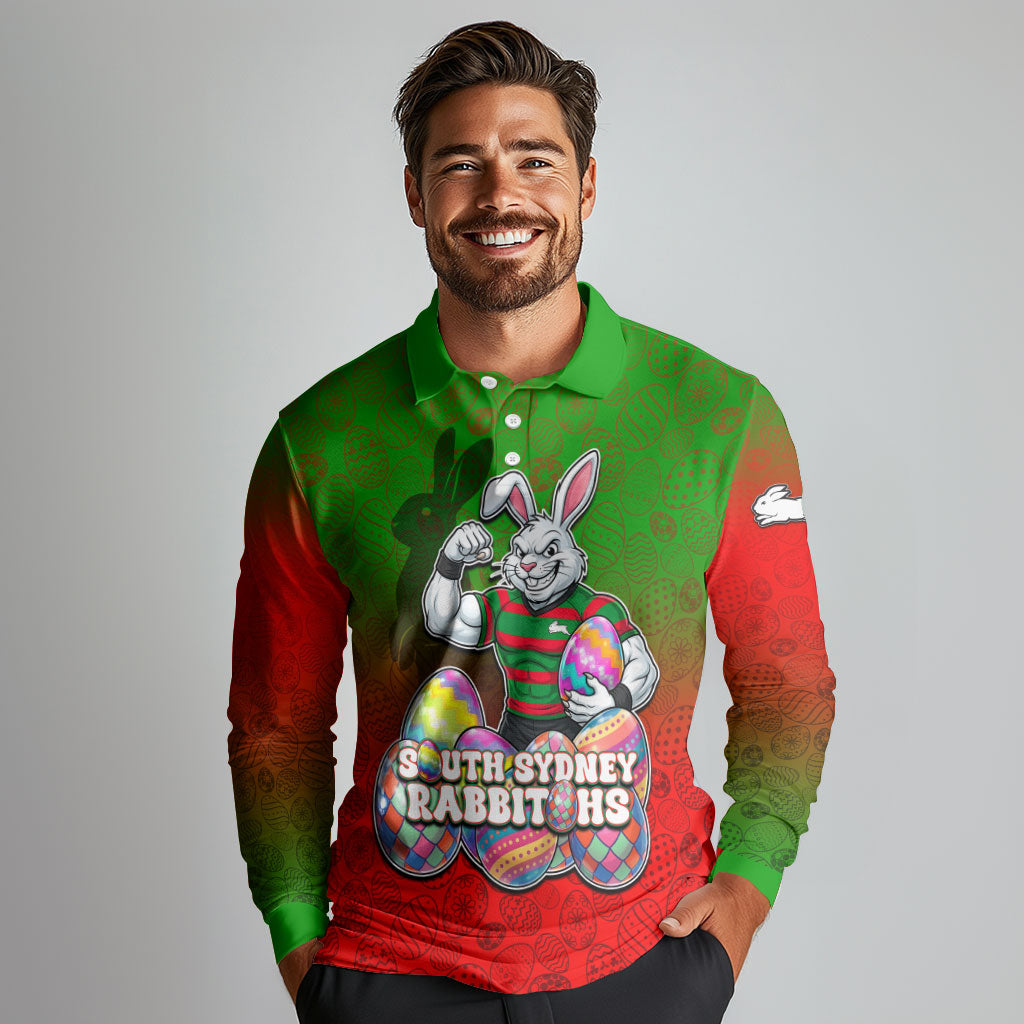 Personalized South Sydney Rabbitohs Long Sleeve Polo Shirt Easter Mascot - Colorful Eggs Cartoon Style