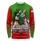 Personalized South Sydney Rabbitohs Long Sleeve Shirt Easter Mascot - Colorful Eggs Cartoon Style