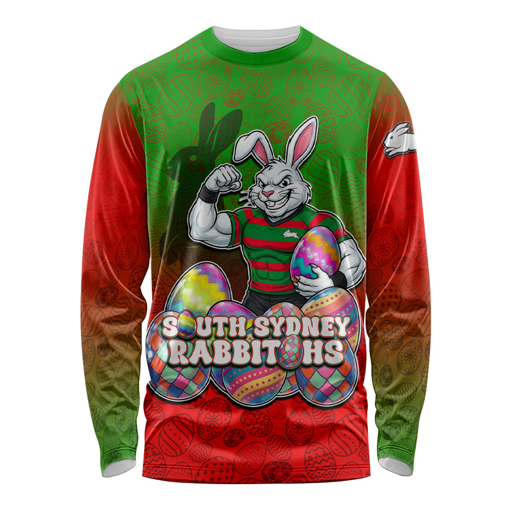 Personalized South Sydney Rabbitohs Long Sleeve Shirt Easter Mascot - Colorful Eggs Cartoon Style