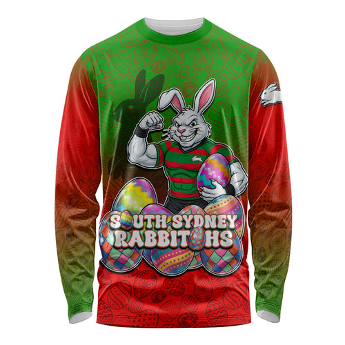 Personalized South Sydney Rabbitohs Long Sleeve Shirt Easter Mascot - Colorful Eggs Cartoon Style