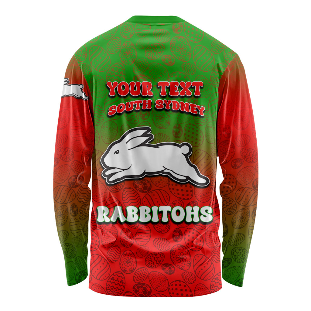 Personalized South Sydney Rabbitohs Long Sleeve Shirt Easter Mascot - Colorful Eggs Cartoon Style