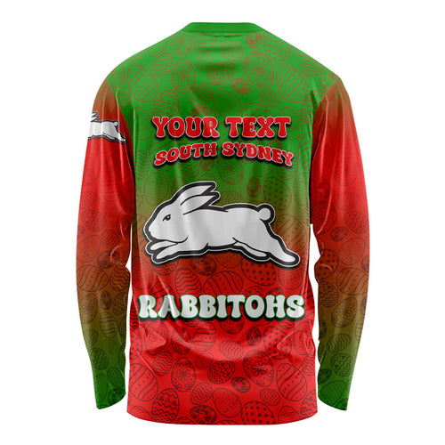 Personalized South Sydney Rabbitohs Long Sleeve Shirt Easter Mascot - Colorful Eggs Cartoon Style