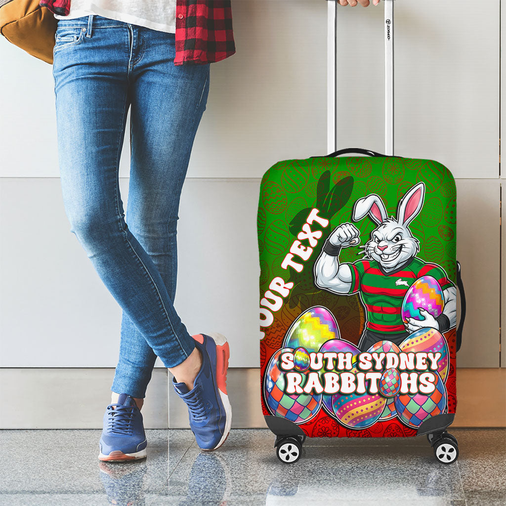 Personalized South Sydney Rabbitohs Luggage Cover Easter Mascot - Colorful Eggs Cartoon Style