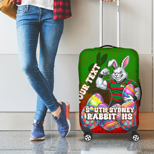 Personalized South Sydney Rabbitohs Luggage Cover Easter Mascot - Colorful Eggs Cartoon Style