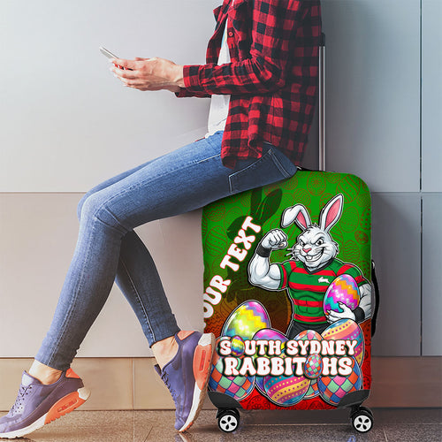 Personalized South Sydney Rabbitohs Luggage Cover Easter Mascot - Colorful Eggs Cartoon Style