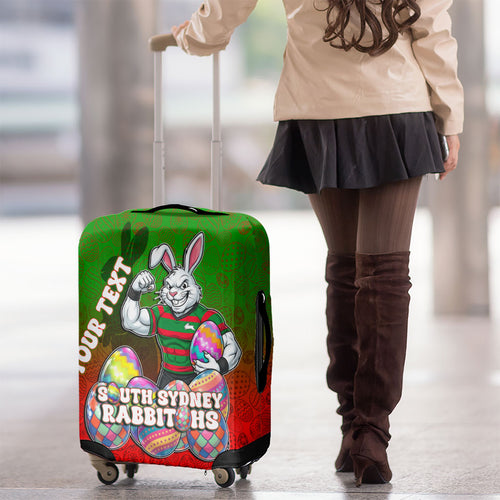 Personalized South Sydney Rabbitohs Luggage Cover Easter Mascot - Colorful Eggs Cartoon Style