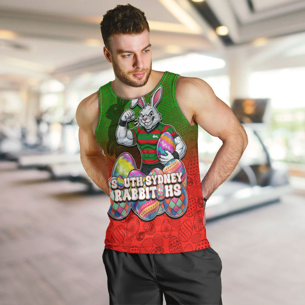 Personalized South Sydney Rabbitohs Men Tank Top Easter Mascot - Colorful Eggs Cartoon Style