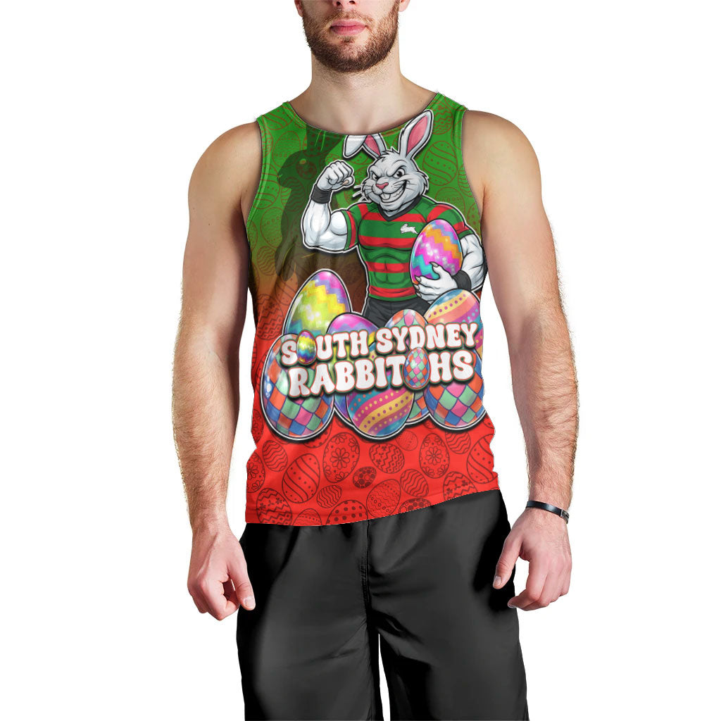 Personalized South Sydney Rabbitohs Men Tank Top Easter Mascot - Colorful Eggs Cartoon Style