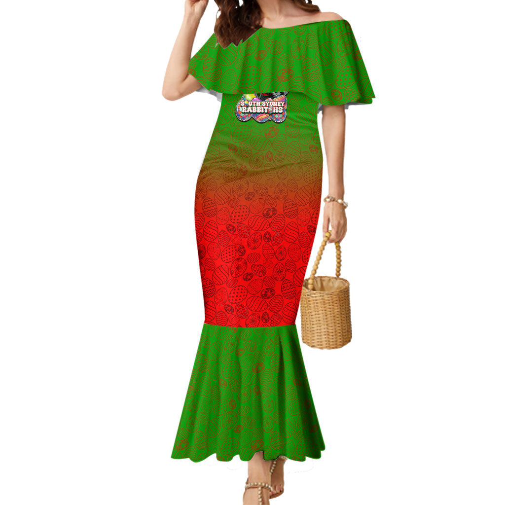 Personalized South Sydney Rabbitohs Mermaid Dress Easter Mascot - Colorful Eggs Cartoon Style