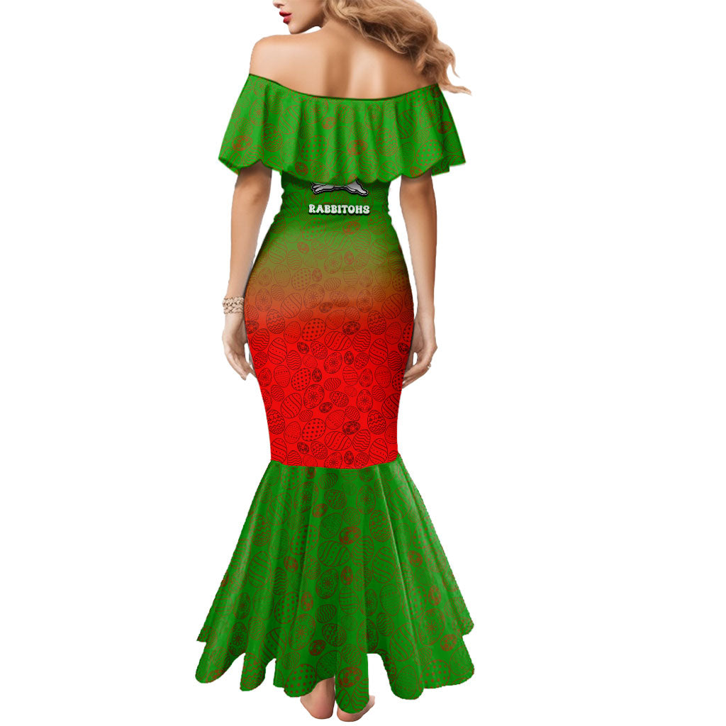 Personalized South Sydney Rabbitohs Mermaid Dress Easter Mascot - Colorful Eggs Cartoon Style