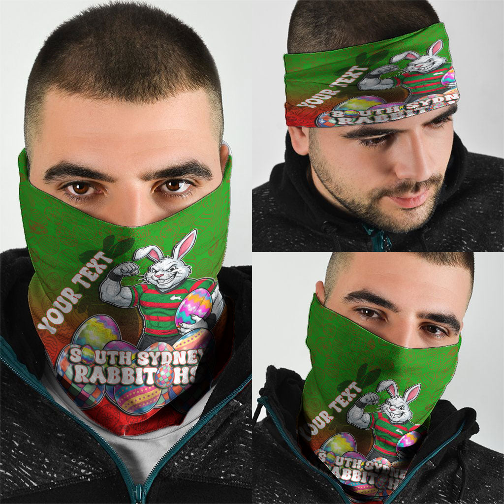 Personalized South Sydney Rabbitohs Neck Gaiter Easter Mascot - Colorful Eggs Cartoon Style