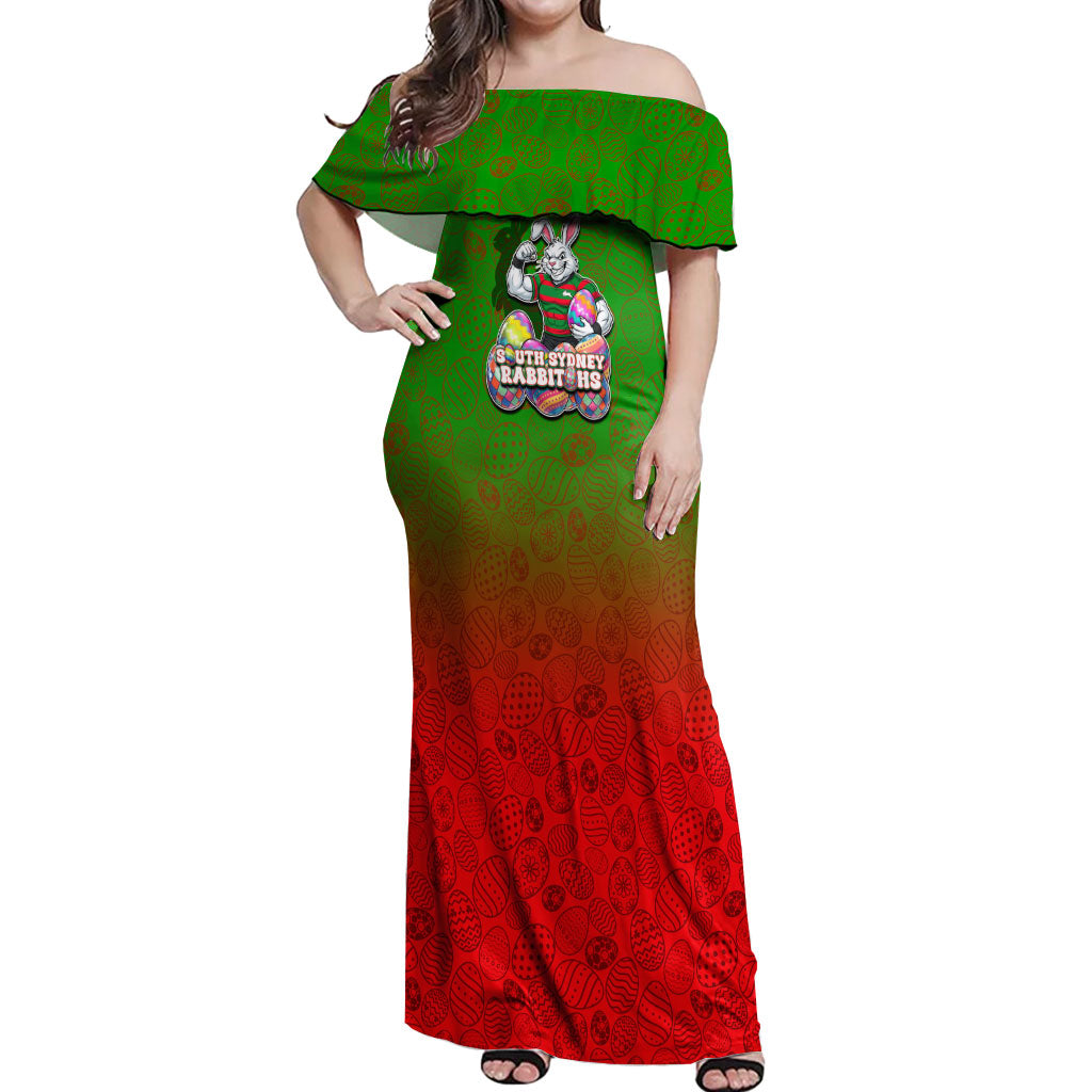 Personalized South Sydney Rabbitohs Off Shoulder Maxi Dress Easter Mascot - Colorful Eggs Cartoon Style