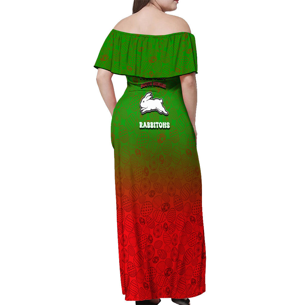 Personalized South Sydney Rabbitohs Off Shoulder Maxi Dress Easter Mascot - Colorful Eggs Cartoon Style