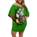 Personalized South Sydney Rabbitohs Off Shoulder Short Dress Easter Mascot - Colorful Eggs Cartoon Style