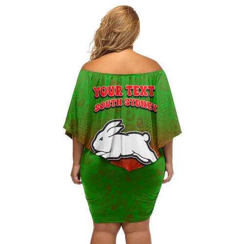 Personalized South Sydney Rabbitohs Off Shoulder Short Dress Easter Mascot - Colorful Eggs Cartoon Style