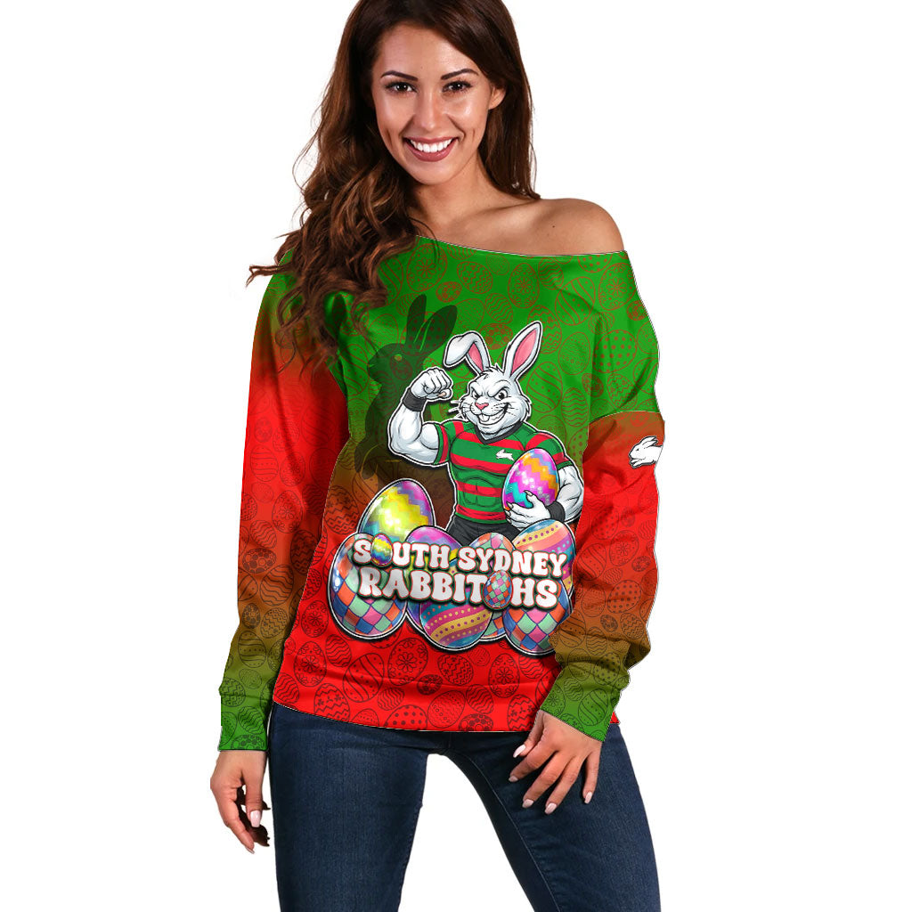 Personalized South Sydney Rabbitohs Off Shoulder Sweater Easter Mascot - Colorful Eggs Cartoon Style