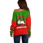 Personalized South Sydney Rabbitohs Off Shoulder Sweater Easter Mascot - Colorful Eggs Cartoon Style