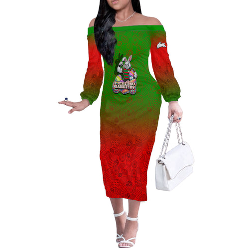 Personalized South Sydney Rabbitohs Off The Shoulder Long Sleeve Dress Easter Mascot - Colorful Eggs Cartoon Style