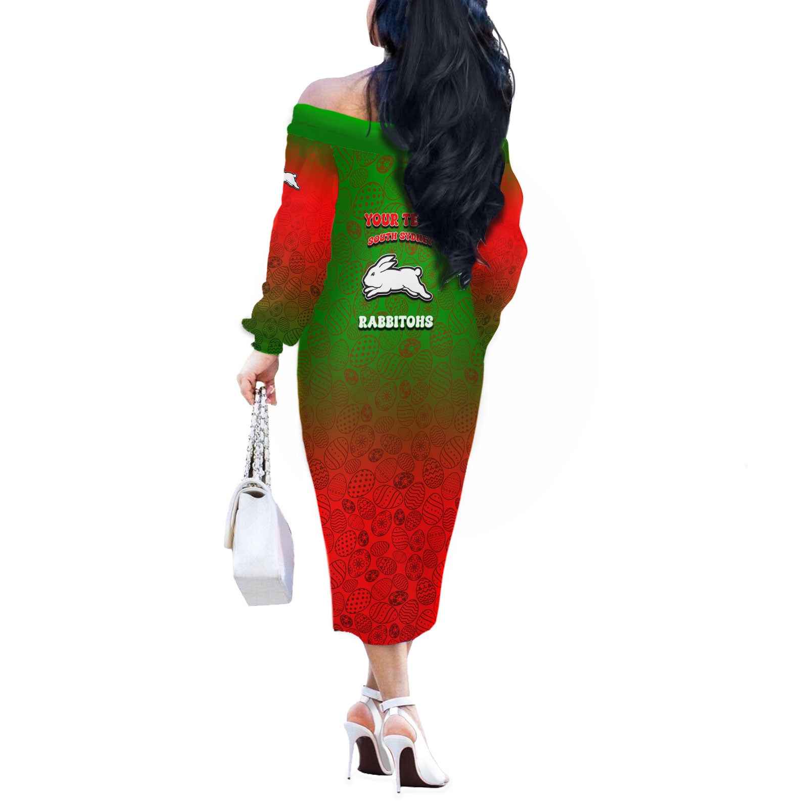 Personalized South Sydney Rabbitohs Off The Shoulder Long Sleeve Dress Easter Mascot - Colorful Eggs Cartoon Style