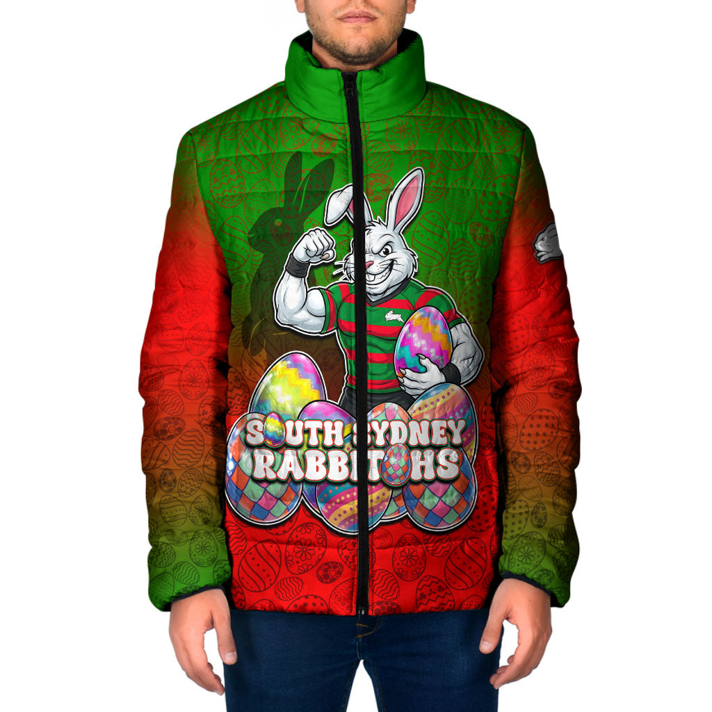 Personalized South Sydney Rabbitohs Padded Jacket Easter Mascot - Colorful Eggs Cartoon Style