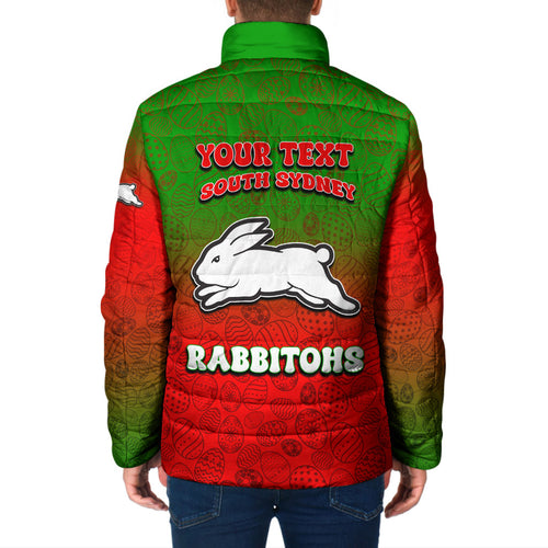 Personalized South Sydney Rabbitohs Padded Jacket Easter Mascot - Colorful Eggs Cartoon Style