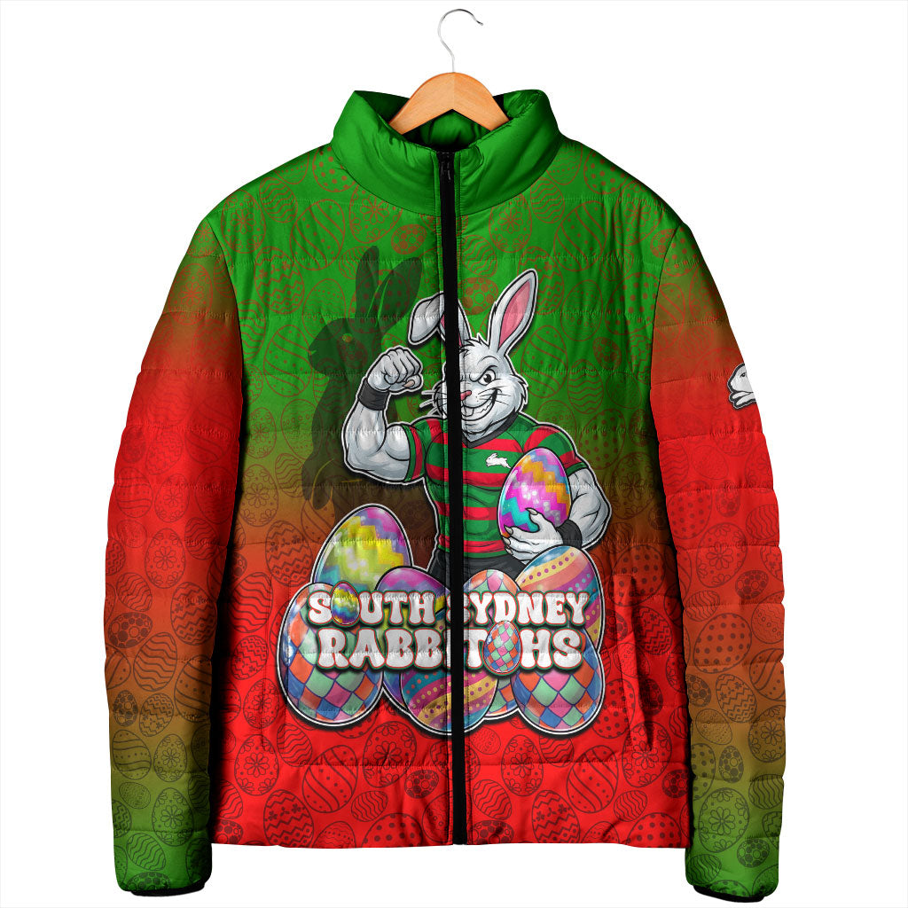 Personalized South Sydney Rabbitohs Padded Jacket Easter Mascot - Colorful Eggs Cartoon Style